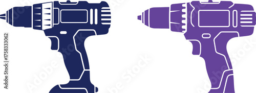 A vector graphic featuring two cordless drills, one in dark blue and the other in purple. Both drills are depicted in profile, showcasing their ergonomic handles, chucks, and battery packs. 