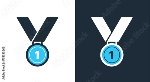 Two distinct style medal icons showcasing first place achievement and victory awards -  Glyph solid icon - Editable modern style icon.