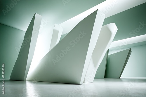 Angular forms in a stark, minty-green geometric indoor space