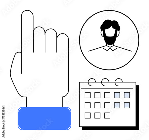 Hand pointing with gesture, person profile picture, and calendar with marked dates. Ideal for time management, appointment booking, teamwork, business planning, reminders, scheduling simple flat