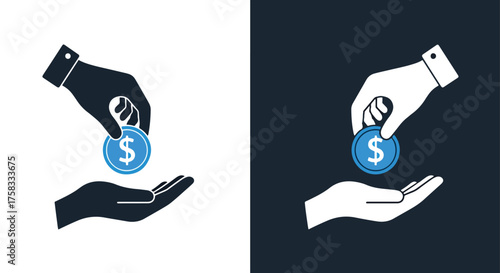 Giving and receiving money icons hand holding coin symbol donation and investment concept icons -  Glyph solid icon - Editable modern style icon.