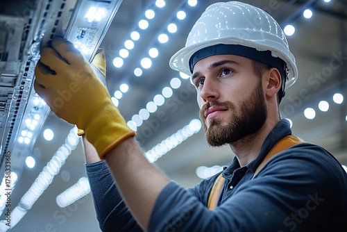 Electrical technician adjusting office ceiling lights.