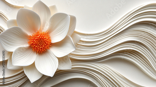 A white flower with an orange center on a minimalist white background with curved lines