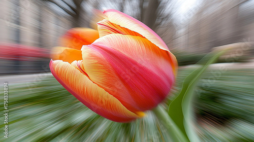 A close-up illustration of a vibrant orange and pink tulip with a soft blurred background