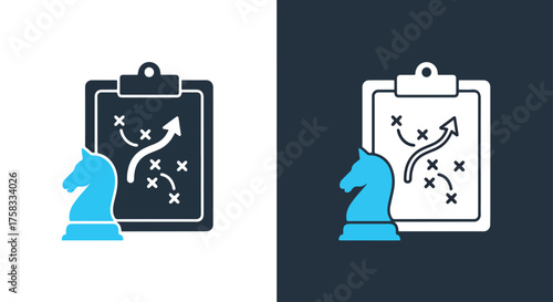 Chess strategy board icon set featuring knight piece and play diagram for business planning -  Glyph solid icon - Editable modern style icon.