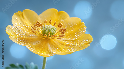 A vivid yellow flower with dew drops against a soft bokeh background