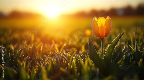 A vibrant tulip glowing in warm sunset light symbolizing hope and renewal