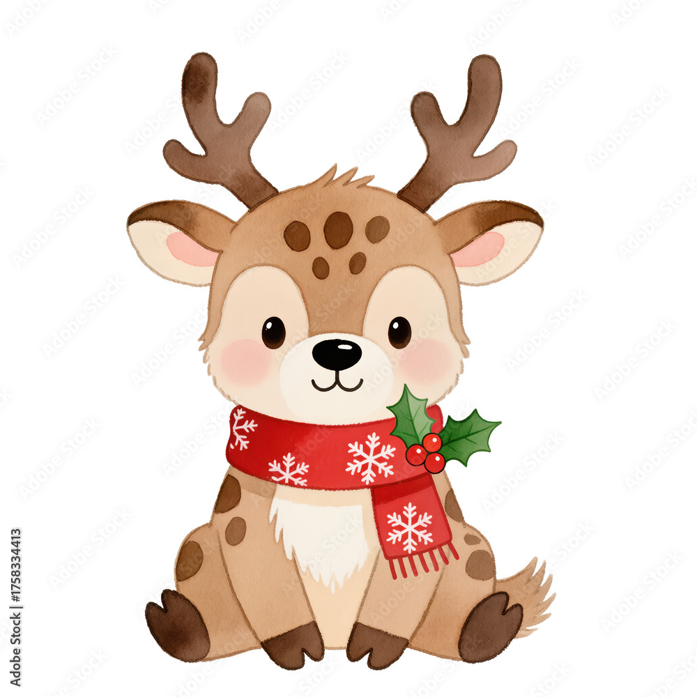 Obraz premium Christmas watercolor reindeer with red scarf and holly decoration, sitting and smiling, isolated on transparent or white background.