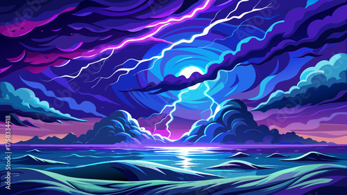 Powerful lightning over the ocean horizon, glowing purple and blue reflections on waves, storm clouds forming dramatic shapes, cinematic seascape with raw natural energy