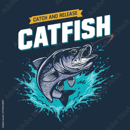 Catch and release catfish, a vector illustration of a catfish jumping out of the water