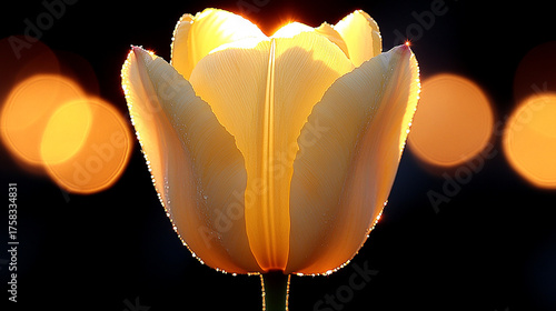 A bright yellow tulip illuminated by sunlight against a dark bokeh background