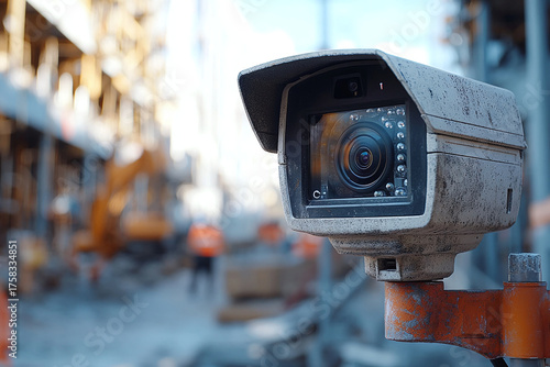 Security camera monitoring construction site with modern buildings in background.