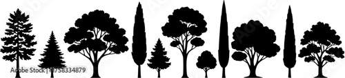 Seamless vector border illustration of various tree silhouettes in a row isolated on white background