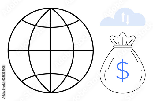 Globe with meridian lines, cloud with bidirectional arrows, and money bag with dollar sign. Ideal for global economy, finance, cloud transfer, connectivity, banking, trade simple flat metaphor