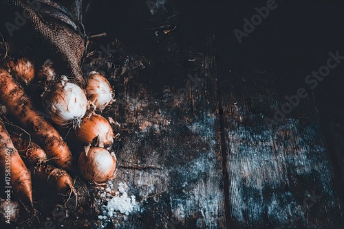 Rustic vegetables on a dark wood surface with burlap texture