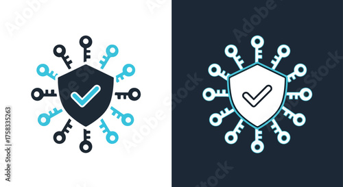 Secure data access shield with keys icon set for digital security and protection concepts -  Glyph solid icon - Editable modern style icon.