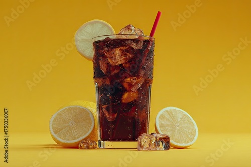 Iced cola with lemon garnish on vibrant yellow background