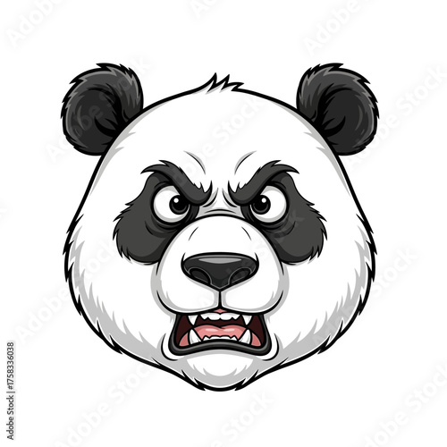 Photorealistic illustration of a panda character headshot with a disgruntled expression on a white background