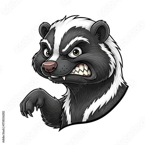 Furious striped skunk character headshot in a photorealistic illustration style isolated on white background