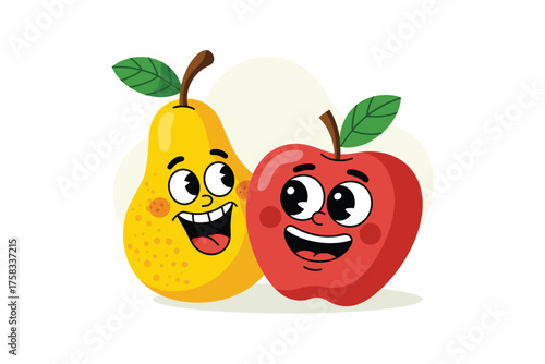 Happy cartoon apple and pear characters smiling together