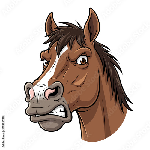 Stubborn horse character headshot in a photorealistic illustration style isolated on a pure white background