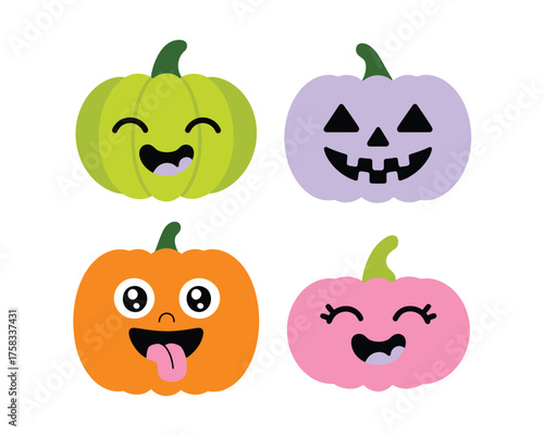 Four cute cartoon pumpkins with different happy halloween faces