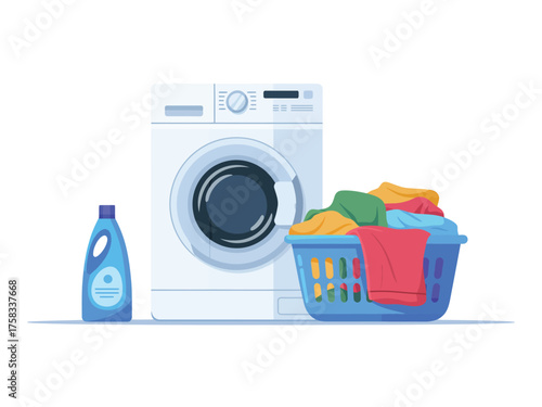 Modern washing machine with laundry basket and detergent bottle
