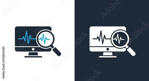 Computer monitor with graph and magnifying glass icon set for data analysis and research -  Glyph solid icon - Editable modern style icon.