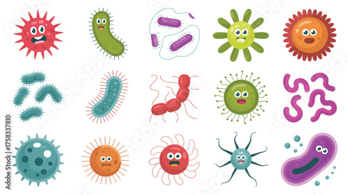 Collection of cute cartoon bacteria and viruses with funny faces
