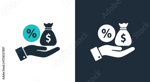 Financial hand icon with money bag and percent symbol for business and investment -  Glyph solid icon - Editable modern style icon.