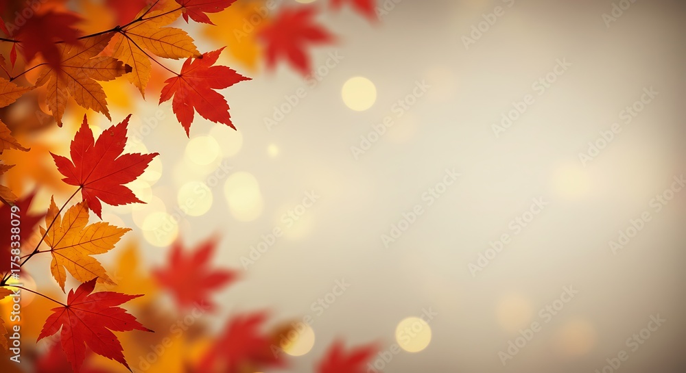 Fototapeta premium Autumn leaves with warm colors and bokeh light effect for background