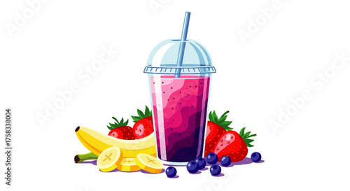 A vibrant vector illustration of a mixed berry and banana smoothie, a refreshing healthy beverage with fresh fruit ingredients isolated on a white background