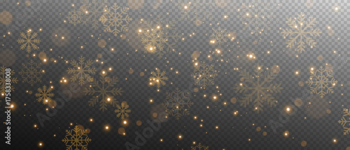 Christmas decoration with golden falling snow. Golden snowflakes, seamless frame. Falling snowflakes. Vector graphics.