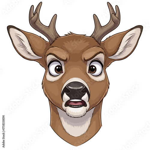 Alarmed white-tailed deer character headshot in a photorealistic illustration isolated on white background