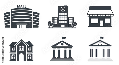 Collection of six monochrome building icons for web design and app interfaces -  Glyph solid icon - Editable modern style icon.