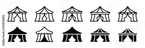 Collection of hand drawn circus tent illustrations in black and white