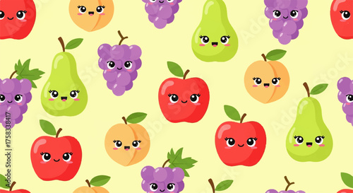Cute smiling fruit characters in a seamless repeat pattern. Adorable vector illustration of apples, pears, and grapes for a cheerful food background