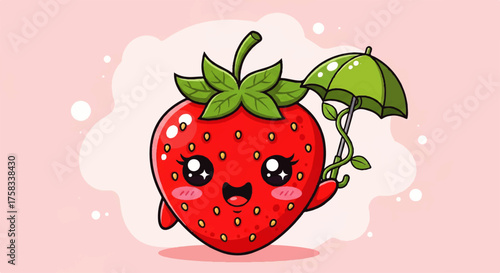 Cute Cartoon Strawberry Character Holding a Green Umbrella with a Playful Expression