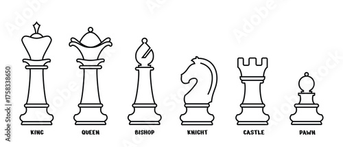 chess piece set design, outline style, editable vector.