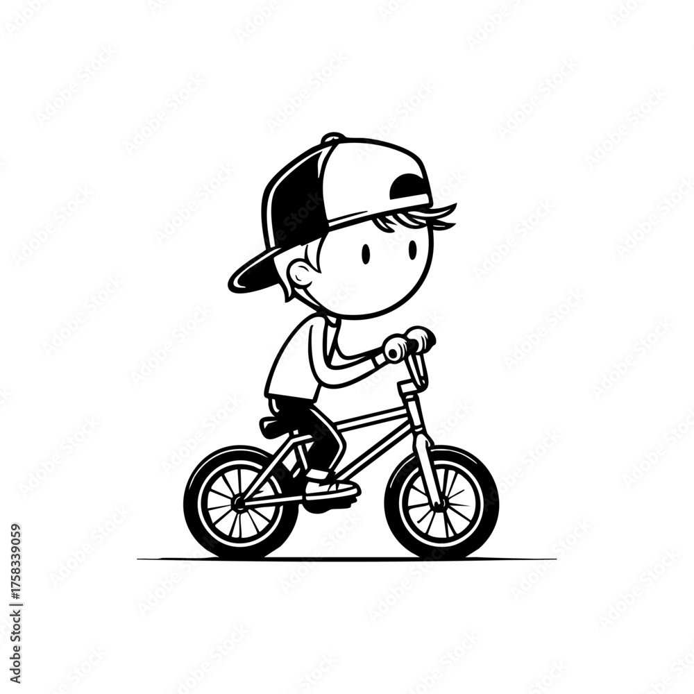 Fototapeta premium Cute cartoon boy riding a BMX bike with a backward cap, symbolizing fun, freedom, and childhood adventure.