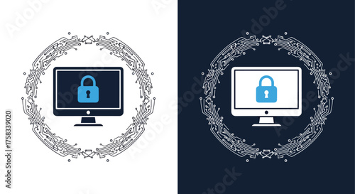 Digital security lock on computer screen web icon set protecting data and information safely -  Glyph solid icon - Editable modern style icon.