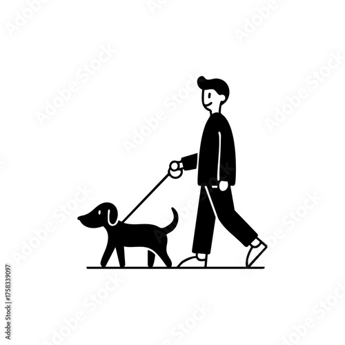 Man walking his dog on a leash, symbolizing companionship, daily routine, relaxation, and outdoor activity.