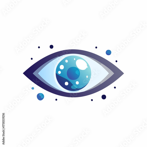 Abstract eye graphic with celestial blue orbs floating around the iris vision