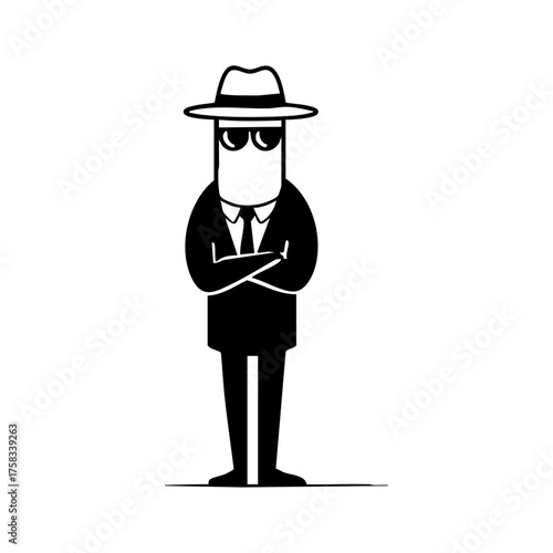 Stylish secret agent wearing a hat and suit with arms crossed, symbolizing mystery, intelligence, and confidence.