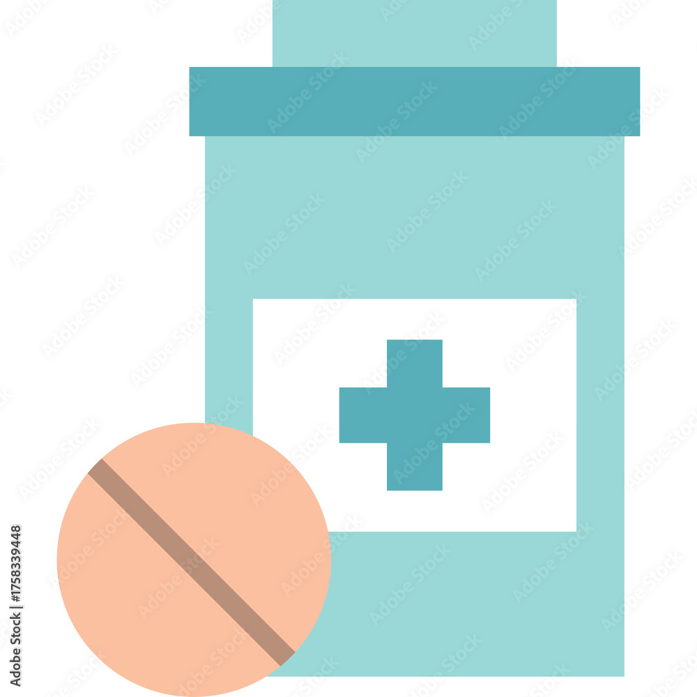 Obraz premium Light Blue Pill Bottle With A White Cross Symbol And A Peach Colored Tablet On A Transparent Background Medical Healthcare Concept