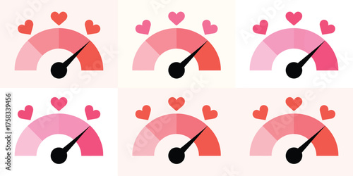 Love meter gauge with hearts showing different levels of affection