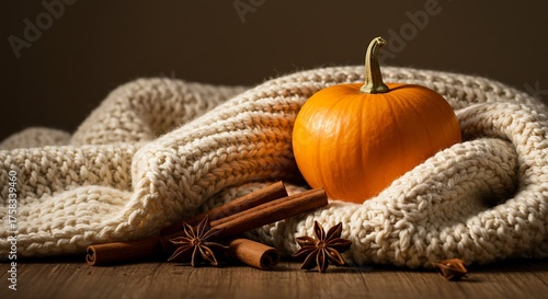 Autumn still life vibrant orange pumpkin with cozy knit and spices