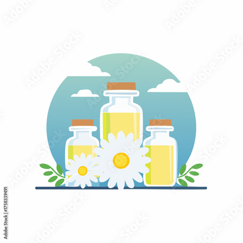 Aromatic chamomile essential oil bottles for relaxation and aromatherapy benefits