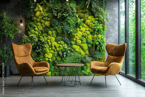 Modern interior with organic moss wall, armchairs, and minimalist table. A stylish concept highlighting natural greenery as a decorative element in contemporary living or office spaces.