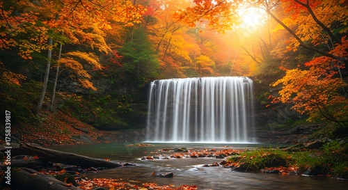 Autumn waterfall flowing through vibrant forest with sunlight and colorful leaves